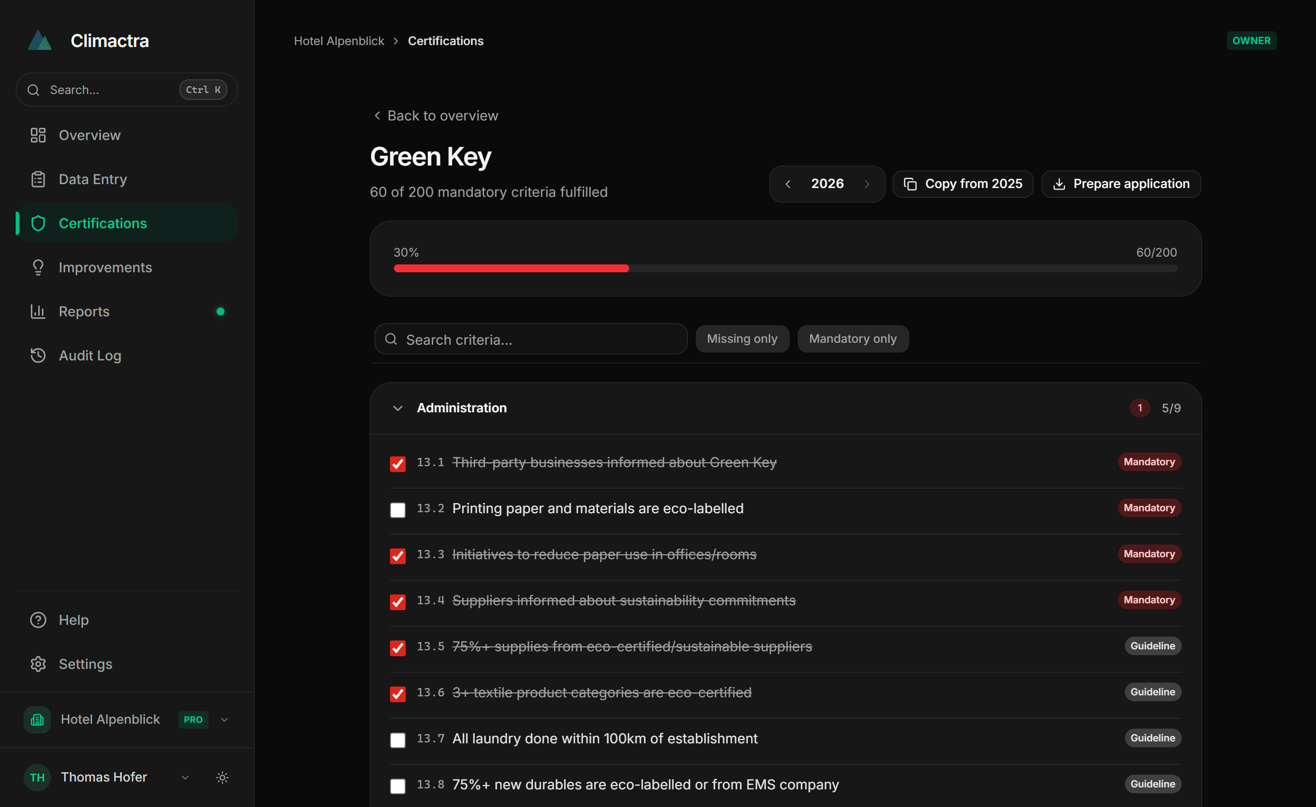 Auto-Check für Green Key, GreenSign, EU Ecolabel und Nachhaltigkeitslabel Südtirol, System zeigt welche Kriterien bereits erfüllt sind.