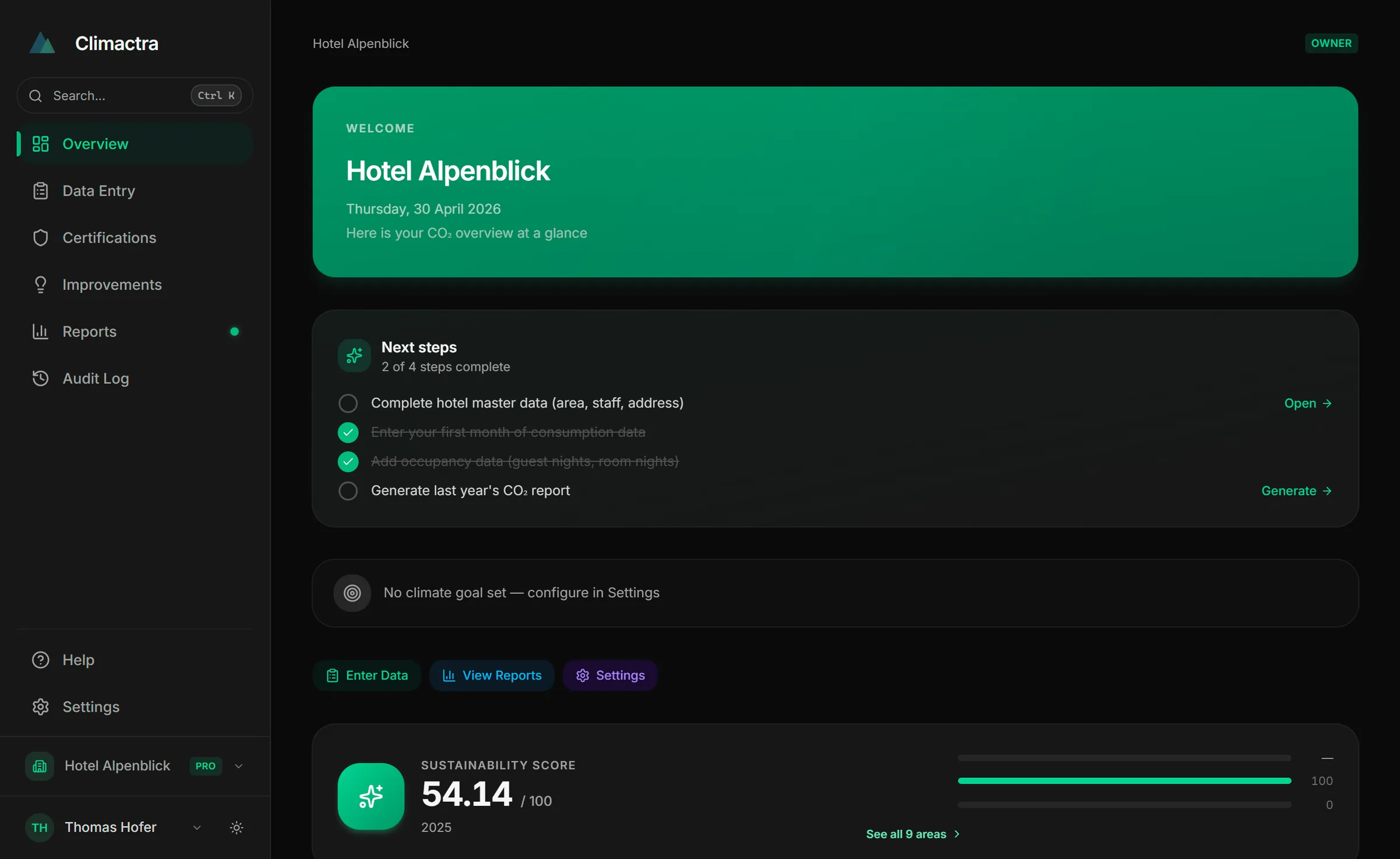 Panoramica di Climactra con i prossimi passi e il punteggio di sostenibilità di un hotel